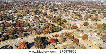 Panoramic Aerial View Residential Neighborhood In Fall Season In Texas, America