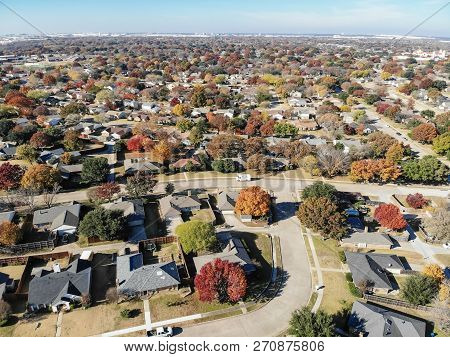 Aerial View Residential Neighborhood In Fall Season In Texas, America