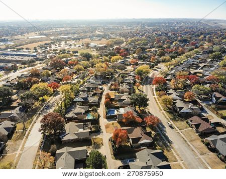 Top View Residential Neighborhood With Swimming Pool In Fall Season In Texas, America