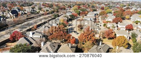 Panoramic Aerial View Residential Neighborhood In Fall Season In Texas, America