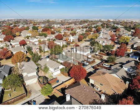 Aerial View Residential Neighborhood In Fall Season In Texas, America