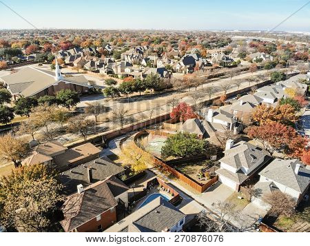 Aerial View Residential Neighborhood With Large Church In Fall Season In Texas, America