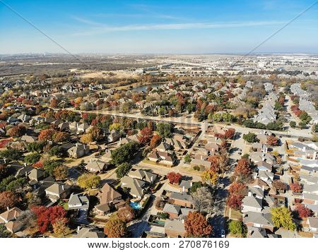 Aerial View Residential Neighborhood With Highway Stack Interchange In Fall Season In Texas
