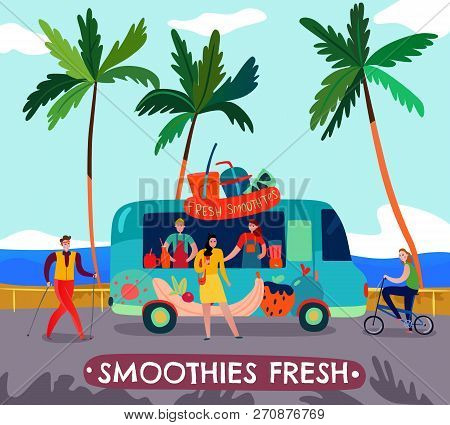 Food Trucks With Fresh Smoothies Csrt Symbols Flat Vector Illustration