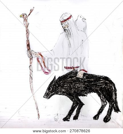 A Blind Old Man With A White Crow On His Shoulders And A Staff Goes With A Black Wolf. Wolf Guide.