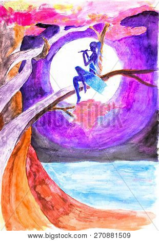 A Girl Sits In A Tree And Plays The Flute At Night Against The Background Of A Full Moon. Drawing Wa