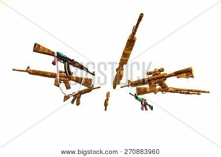 Circle Of Fake Ak Kalashnikov Assault Rifles Hanging On White Background