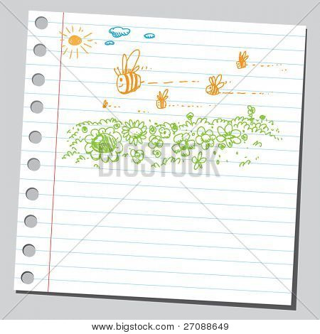 Scribble bijen, vliegen over mooie weide