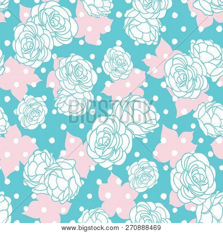 Pink Blue Rose Garden With Dots Seamless Vector Repeat Pattern