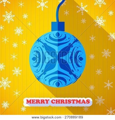 Merry Christmas Postcard Without Text And One Big Blue Christmas Ball With Design Flowers And Leaves