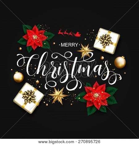 Merry Christmas Calligraphic Inscription Decorated With Poinsett