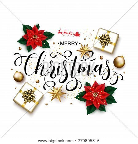 Merry Christmas Calligraphic Inscription Decorated With Poinsett
