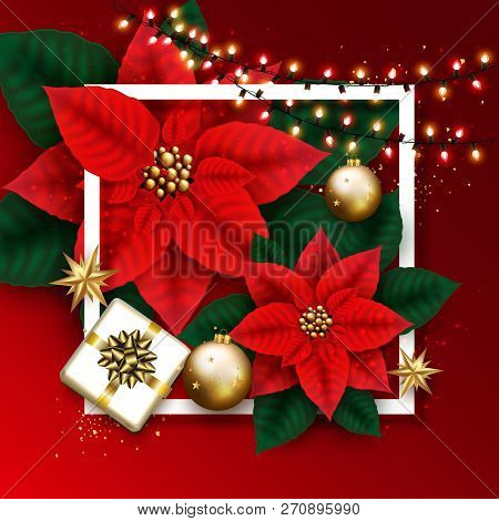 Merry Christmas Card With Glowing Garland, Gift Box, Golden Bubb