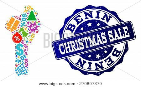 Christmas Sale Composition Of Mosaic Map Of Benin And Unclean Stamp. Vector Blue Watermark With Uncl