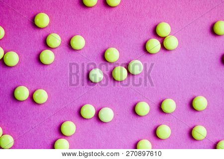 Small Yellow Orange Beautiful Medical Pharmaceptic Round Pills, Vitamins, Drugs, Antibiotics On A Pi