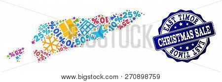 Christmas Sale Composition Of Mosaic Map Of East Timor And Rubber Seal. Vector Blue Imprint With Gru