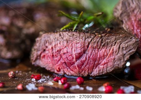 Fresh Juicy Medium Rare Beef Grillsteak. Barbecue Meat Close Up