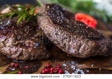 Fresh Juicy Medium Rare Beef Grillsteak. Barbecue Meat Close Up