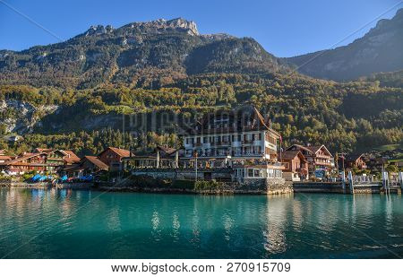 Brienz, Switzerland - Oct 21, 2018. Beautiful Town Near The Lake Brienz, Switzerland. The Turquoise 
