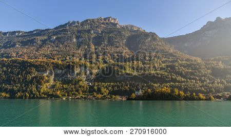 Beautiful Scenery Of Lake Brienz, Switzerland. The Turquoise Lake Brienz Is Set Amid The Spectacular
