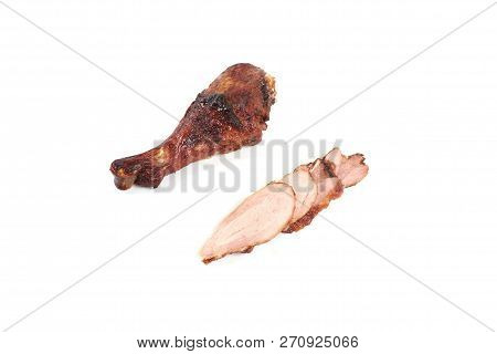 Roast Chickenleg And Sliced Chicken Meat Isolated On White Background.