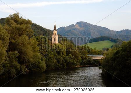 View Of Mur River With Church In Leoben,austria