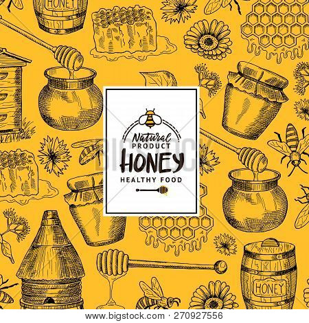 Vector Background With Sketched Contoured Honey Theme Elements With Logo Or Badge For Hone Shop Or F