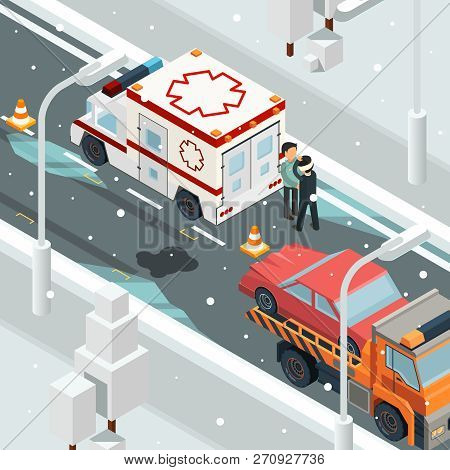 Urban Accident Crash Cars. Winter Warning On Road Slip Wreck Automobile Vector Landscape Isometric. 
