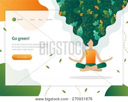 Go Green!  Web Banner Design Template. Girl Floating In The Air In A Lotus Position. Leaves Are Wove