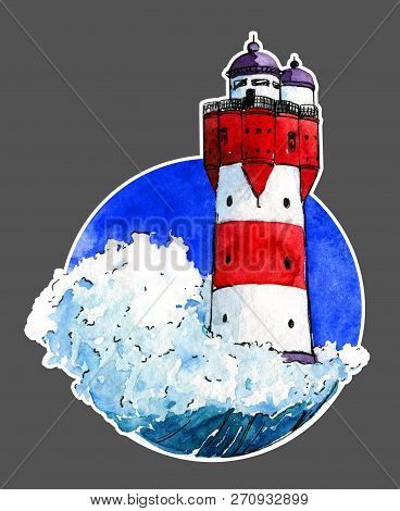 Lighthouse Red Wave Circle Card Watercolor Isolate