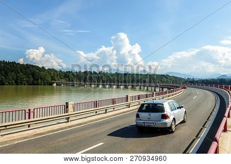Volkermarkt, Austria - August, 17th, 2017. View Of The Bridge Over The River Drau