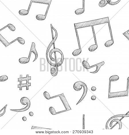 Music Signs. Notes And Symbols On White Background. Seamless Pattern. Vector Illustration