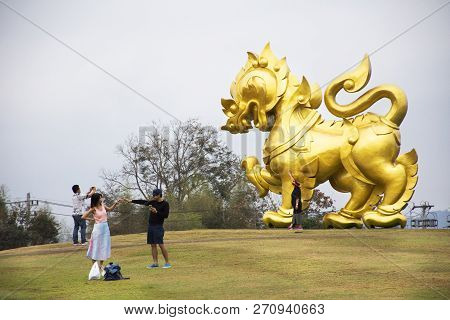 Gold Singha Statue On Hill For Traveler People Travel Visit And Take Photo In Singha Park At Chiangr