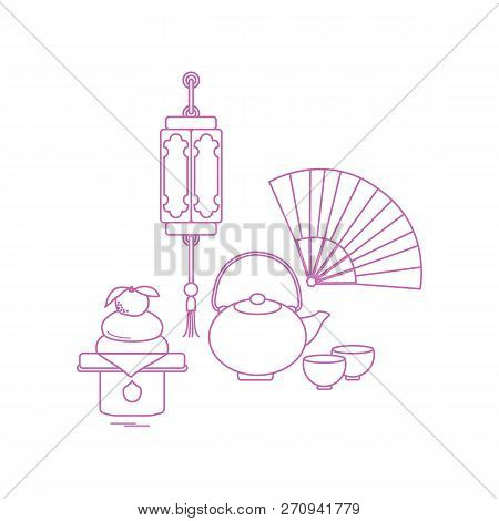 Eastern New Year Symbols. Chinese Lantern, Kettle With Two Cups, Fan, Kagami Mochi. Festive Traditio