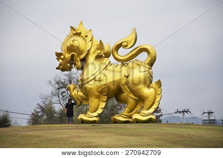 Gold Singha Statue On Hill In Singha Park At Chiangrai City In Chiang Rai, Thailand