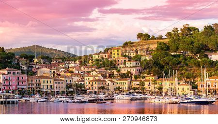 Harbor And Village  Porto Azzurro At Sunset, Elba Islands, Tuscany, Italy