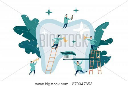 Group Of Small Dentists Are Caring For A Large Tooth. Modern Digital Illustration With Smooth Shapes