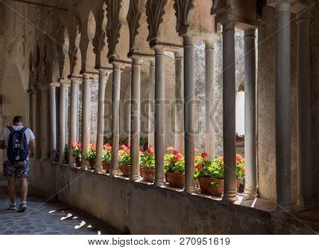 Ravello, Italy - June 16, 2017:  View Of Gothic Cloister Columns Of Villa Rufolo In Ravello, Amalfi 