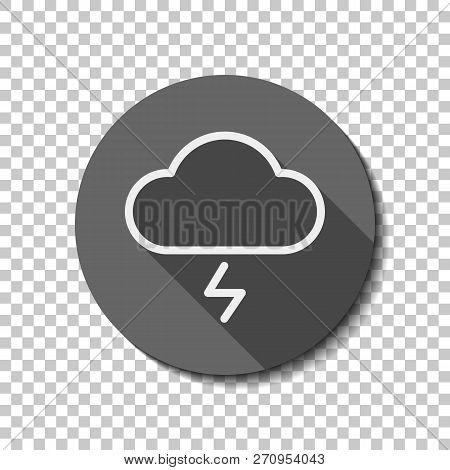 Cloud And Lightning. Simple Outline Icon. Linear Symbol With Thin Outline. White Flat Icon With Long