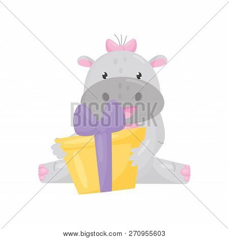 Cute Adorable Hippo With A Pink Bow Sitting And Holding Gift Box, Lovely Behemoth Animal Cartoon Cha