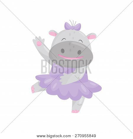 Cute Happy Hippo With A Bow In A Purple Dress, Lovely Behemoth Animal Cartoon Character Vector Illus