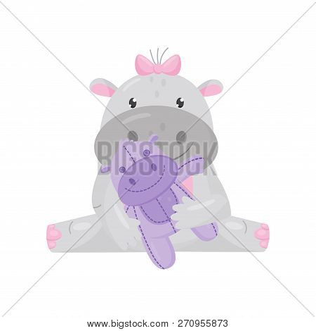 Cute Adorable Hippo With A Pink Bow Sitting And Playing With Toy, Lovely Behemoth Animal Cartoon Cha