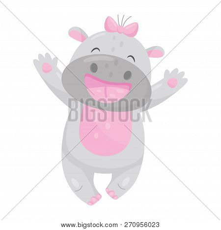 Cute Smiling Hippo With A Pink Bow Having Fun, Lovely Behemoth Animal Cartoon Character Vector Illus