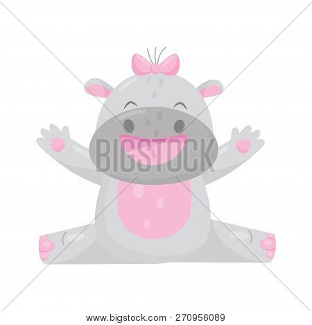 Cute Adorable Smiling Hippo With A Pink Bow, Lovely Behemoth Animal Cartoon Character Vector Illustr