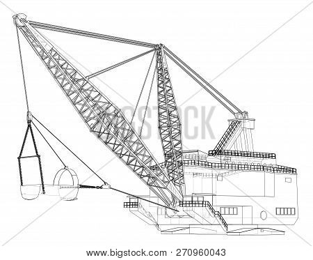 Dragline Walking Excavator. Vector Rendering Of 3d. Wire-frame Style. The Layers Of Visible And Invi