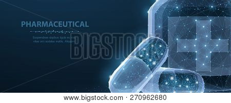 Pills. Abstract 3d Polygonal Wireframe Two Capsule Pills Near Bottle Blue Background With Dots And S