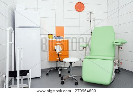Modern And Comfortable Equipped Hospital Room. Treatment Room With Medicine In The Fridge.