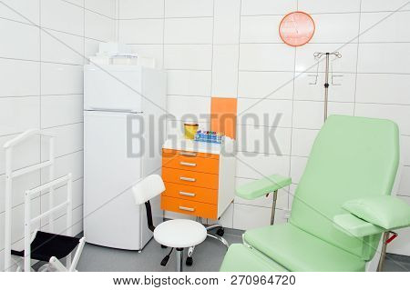 Modern And Comfortable Equipped Hospital Room. Treatment Room With Medicine In The Fridge.