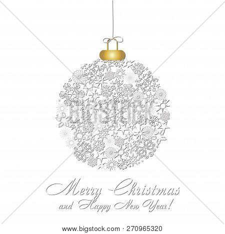 Christmas Catd Decorated With Christmas Ball Made From Snowflakes On White Background, Vector Illust