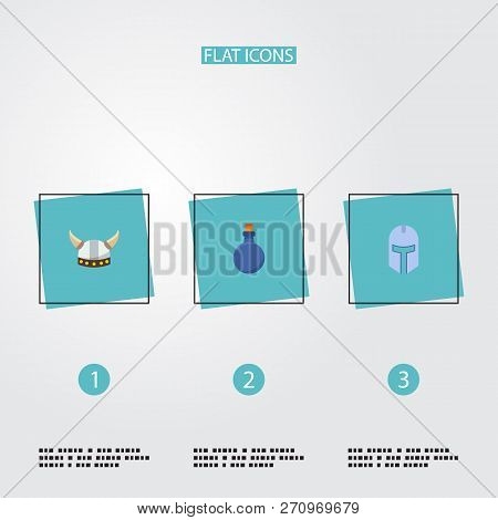 Set Of Gaming Icons Flat Style Symbols With Mana Potion, Barbarian, Knight Helmet And Other Icons Fo